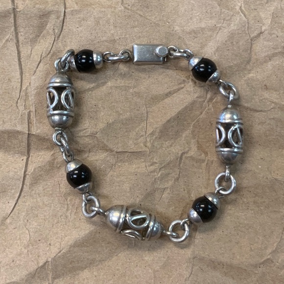 Sterling Silver Link Chain Black Onyx Bracelet $80